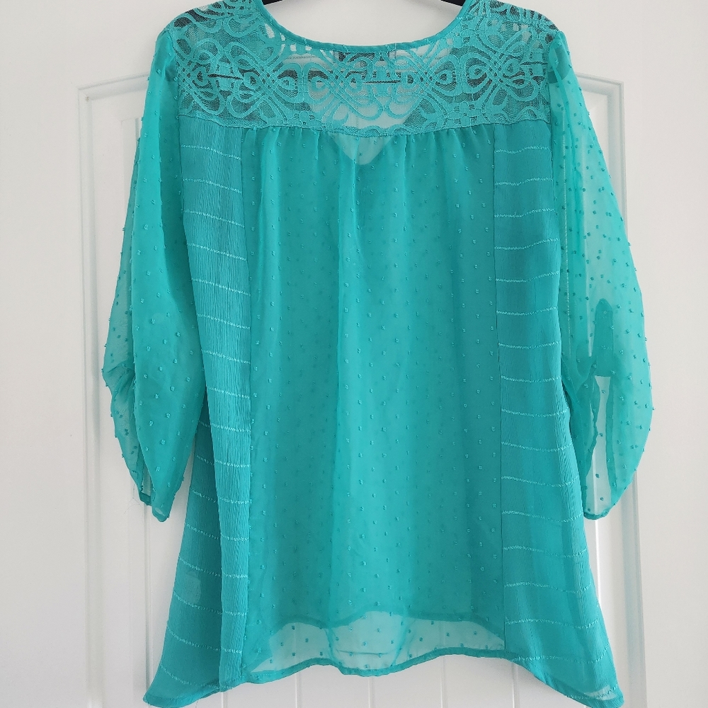 Figueroa & Flower Sheer Teal Blouse Top Medium - Picture 4 of 7